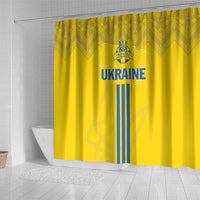 Yellow shower curtain featuring Ukraine crest above vertical blue flag stripes
