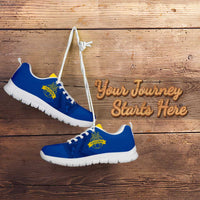 Blue football sneakers with yellow logo and Ukrainian emblem, lace-up, white sole