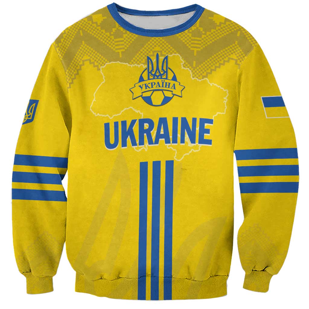 Yellow football sweatshirt with Ukraine crest, UKRAINE print, blue striped sleeves