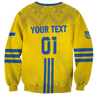 Yellow football sweatshirt back with YOUR TEXT and 01 graphic, blue striped sleeves