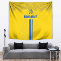 Yellow Ukraine football tapestry with zigzag folk pattern, trident crest, and blue stripes