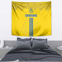 Yellow Ukraine wall tapestry with 'UKRAINE' lettering, trident crest, and blue stripe motif