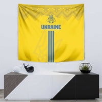 Yellow Ukraine tapestry with zigzag border, blue 'UKRAINE' text, and vertical stripe emblem