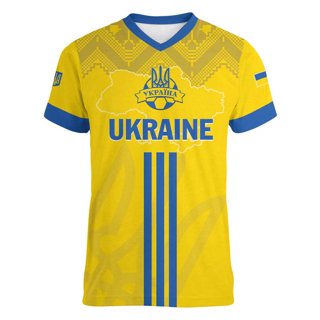 Custom Ukraine 2024 Football Women V-Neck T-Shirt Ukrainian Folk Pattern - Wonder Print Shop