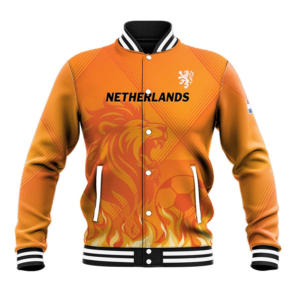 Orange baseball jacket front, button-up with 'NETHERLANDS' and lion crest, ribbed trim