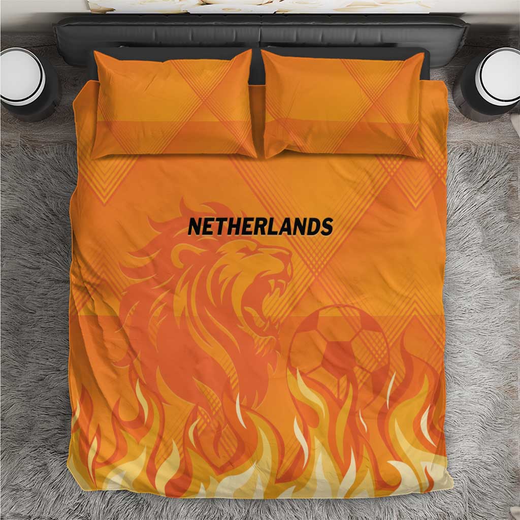 Orange Netherlands football bedding set with duvet cover and two pillowcases, flame lion print