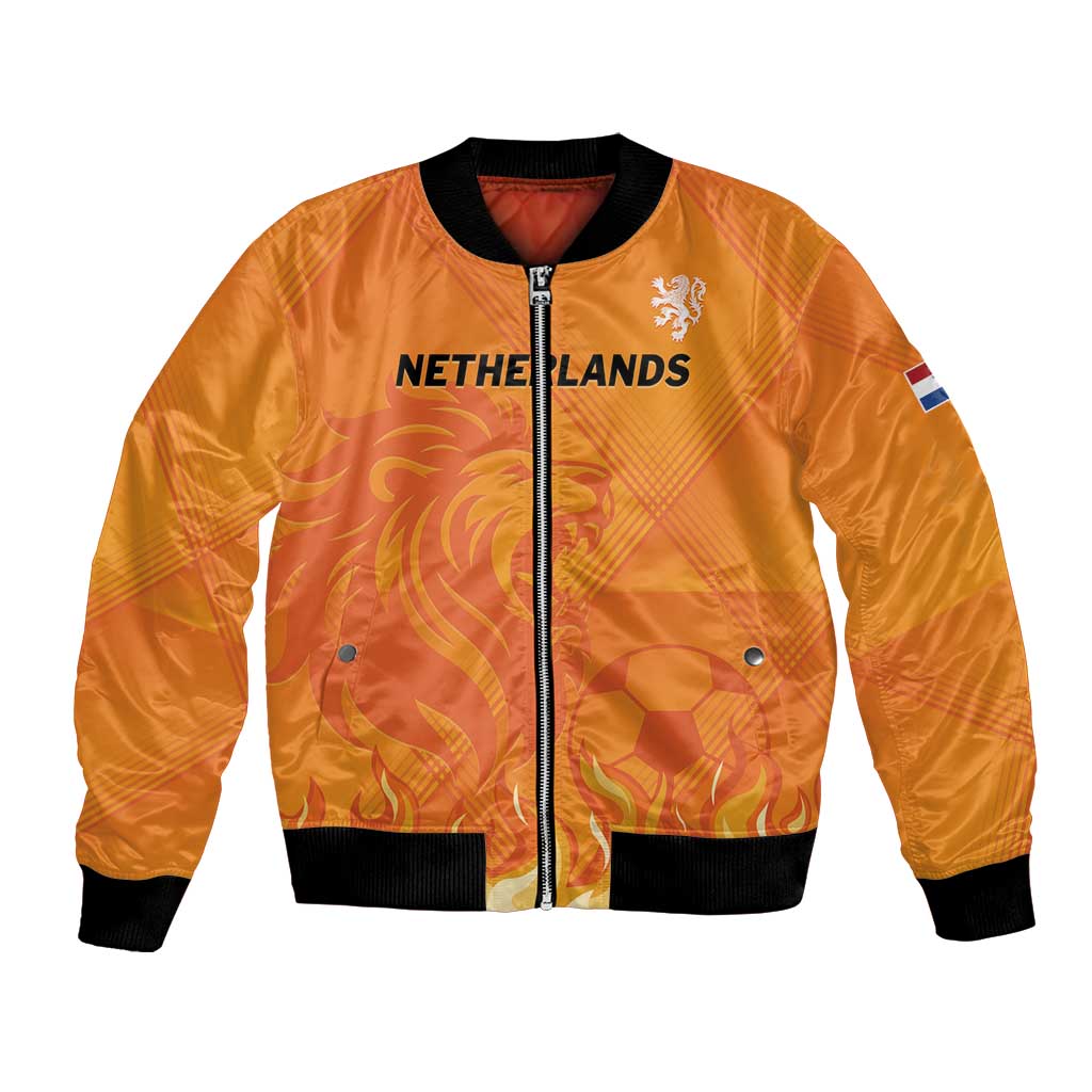 Orange bomber jacket with full zipper, ribbed hem, Netherlands text and lion crest