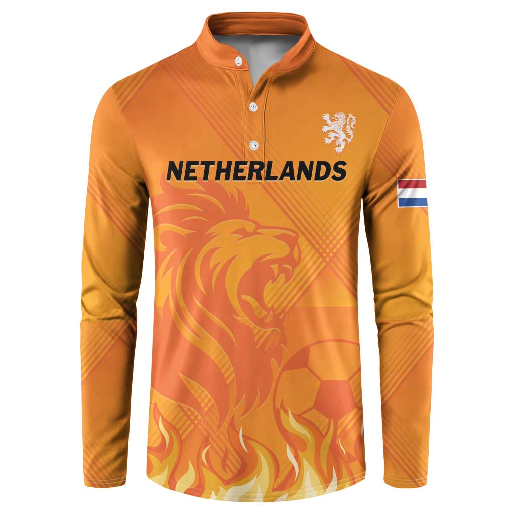 Orange Netherlands button-up football sweatshirt with lion crest and long sleeves