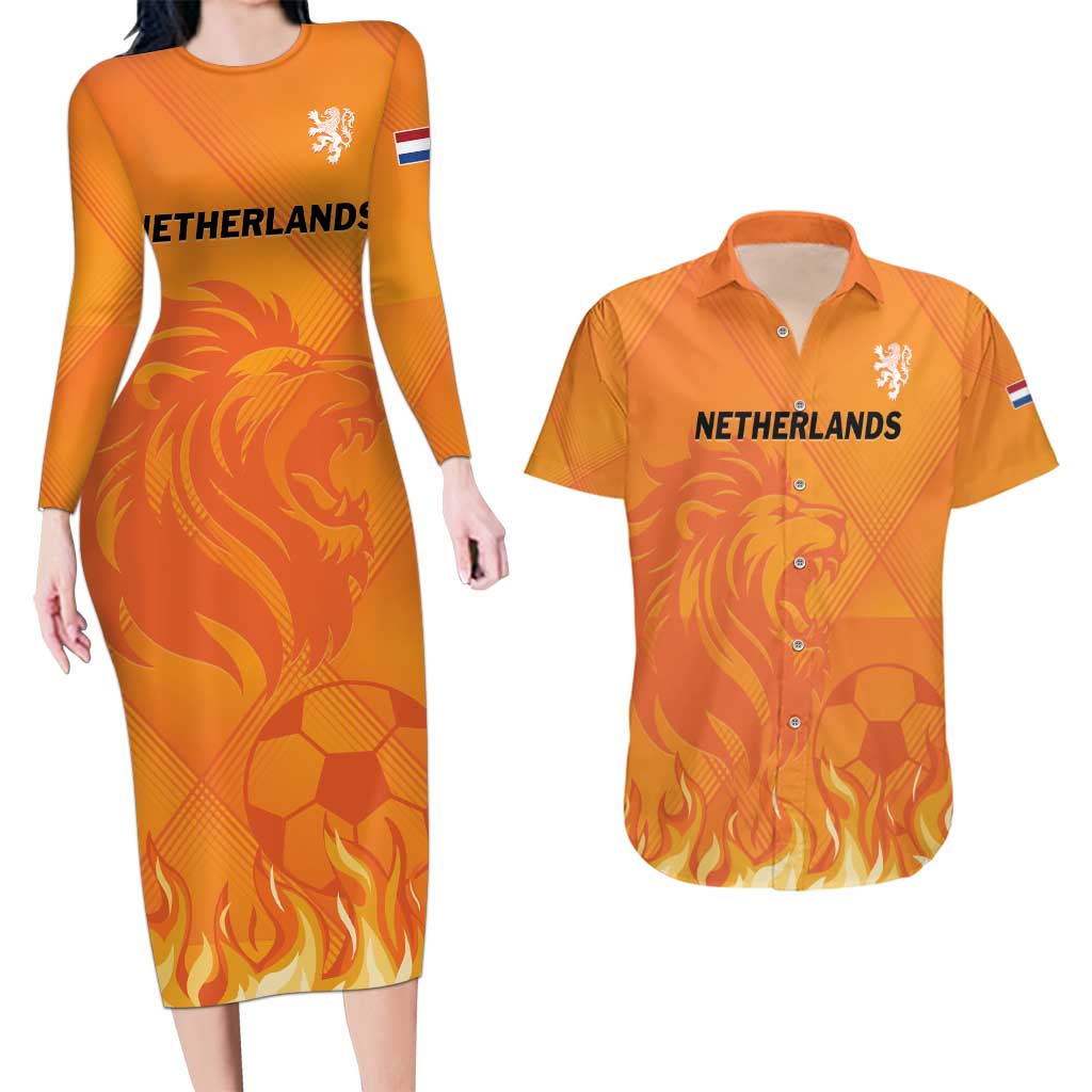 Custom Netherlands 2024 Football Couples Matching Long Sleeve Bodycon Dress and Hawaiian Shirt Holland Oranje Lions - Wonder Print Shop