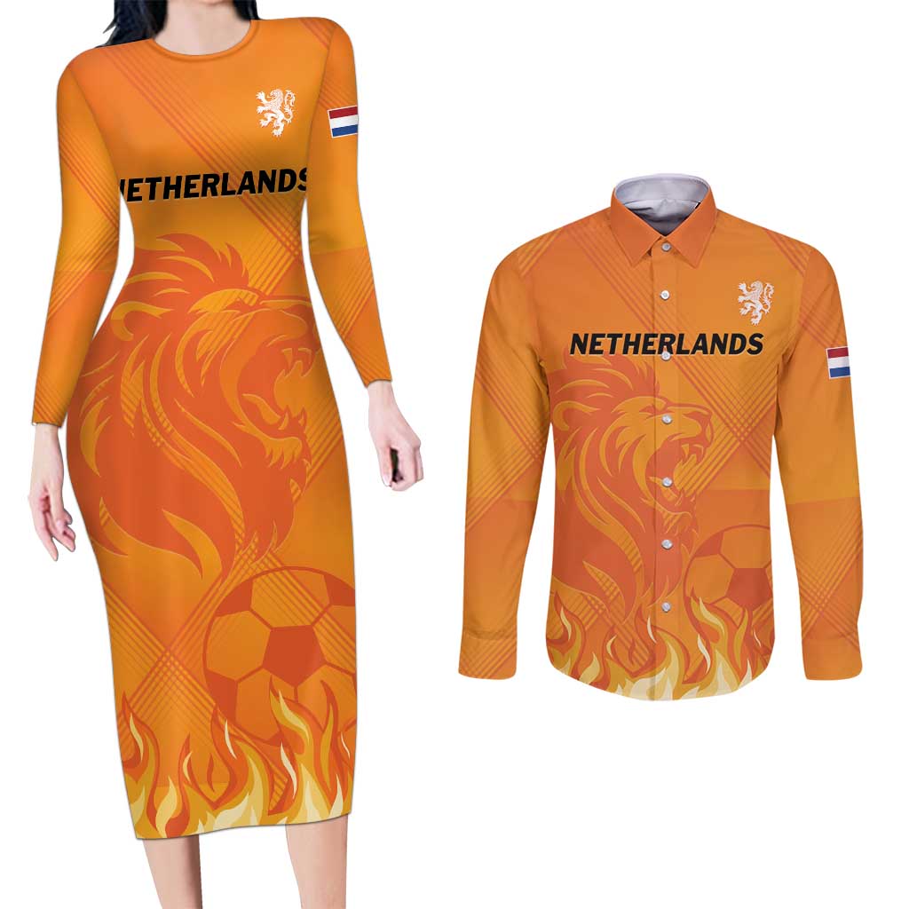 Custom Netherlands 2024 Football Couples Matching Long Sleeve Bodycon Dress and Long Sleeve Button Shirt Holland Oranje Lions - Wonder Print Shop