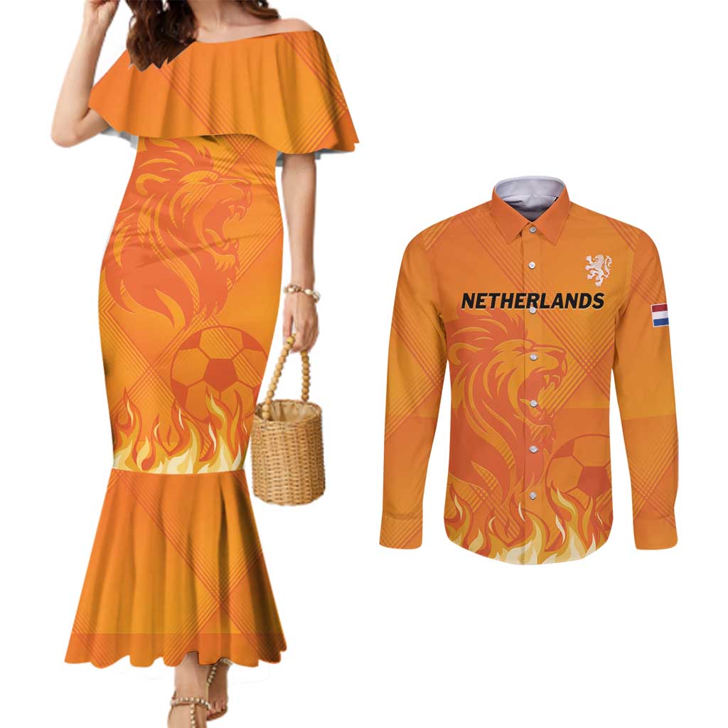 Custom Netherlands 2024 Football Couples Matching Mermaid Dress and Long Sleeve Button Shirt Holland Oranje Lions