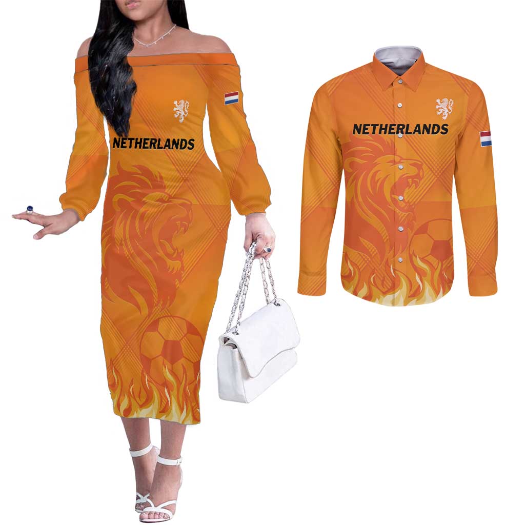 Custom Netherlands 2024 Football Couples Matching Off The Shoulder Long Sleeve Dress and Long Sleeve Button Shirt Holland Oranje Lions