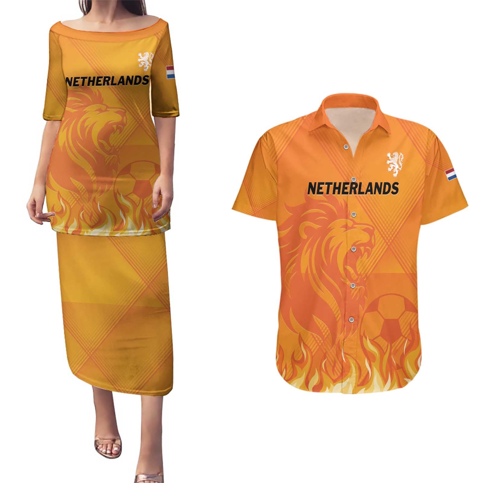 Custom Netherlands 2024 Football Couples Matching Puletasi and Hawaiian Shirt Holland Oranje Lions - Wonder Print Shop