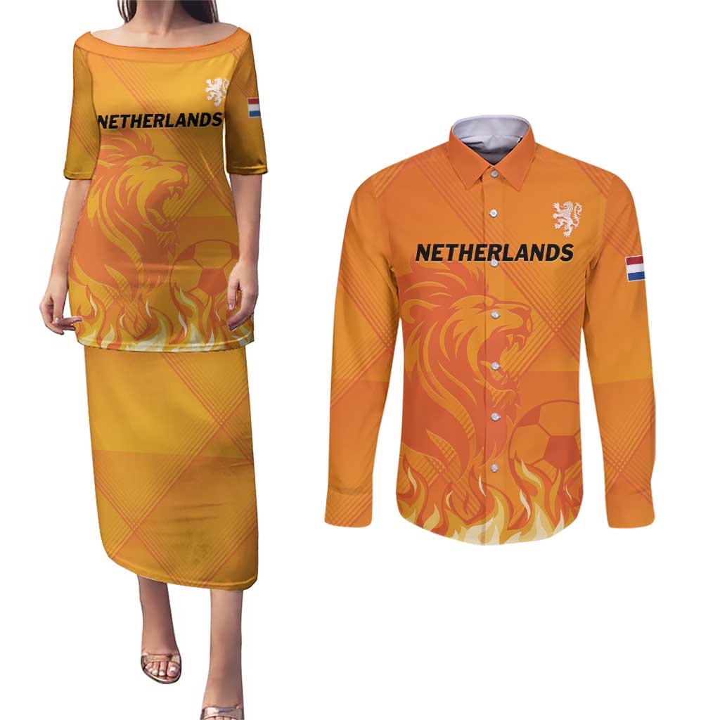 Custom Netherlands 2024 Football Couples Matching Puletasi and Long Sleeve Button Shirt Holland Oranje Lions - Wonder Print Shop