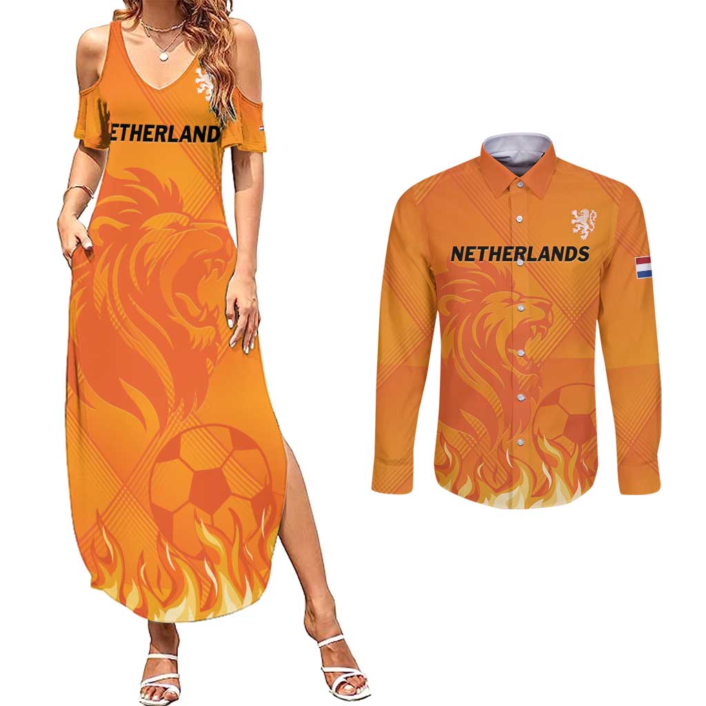 Custom Netherlands 2024 Football Couples Matching Summer Maxi Dress and Long Sleeve Button Shirt Holland Oranje Lions - Wonder Print Shop