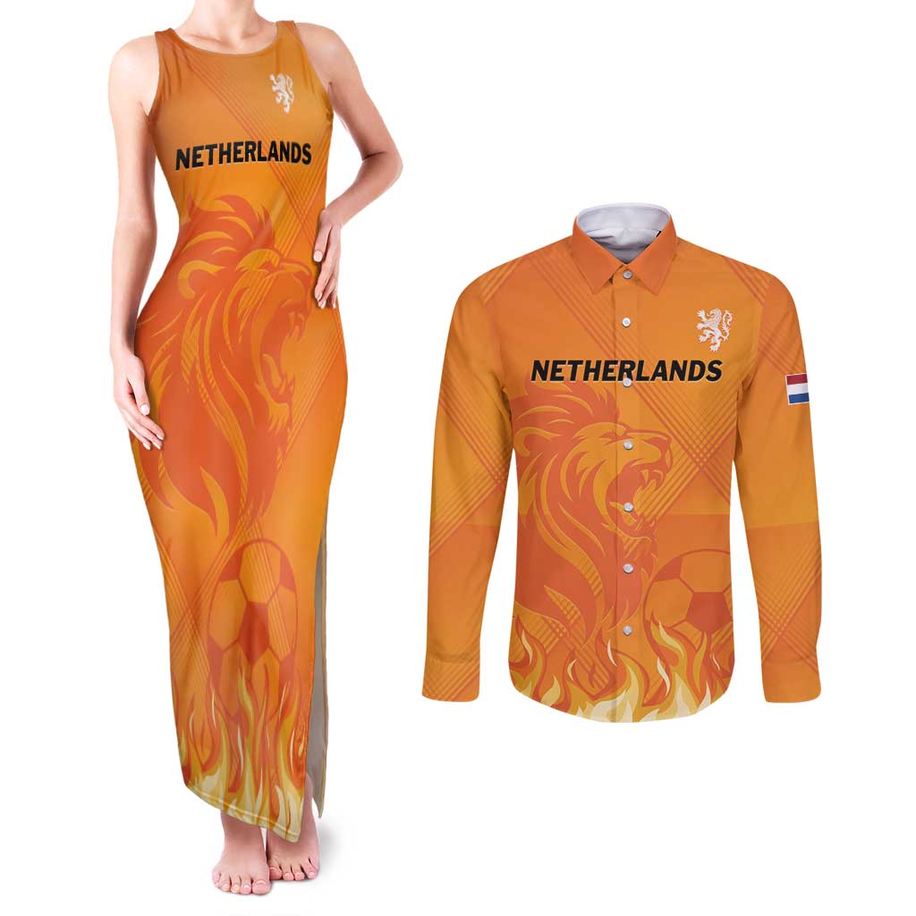 Custom Netherlands 2024 Football Couples Matching Tank Maxi Dress and Long Sleeve Button Shirt Holland Oranje Lions - Wonder Print Shop