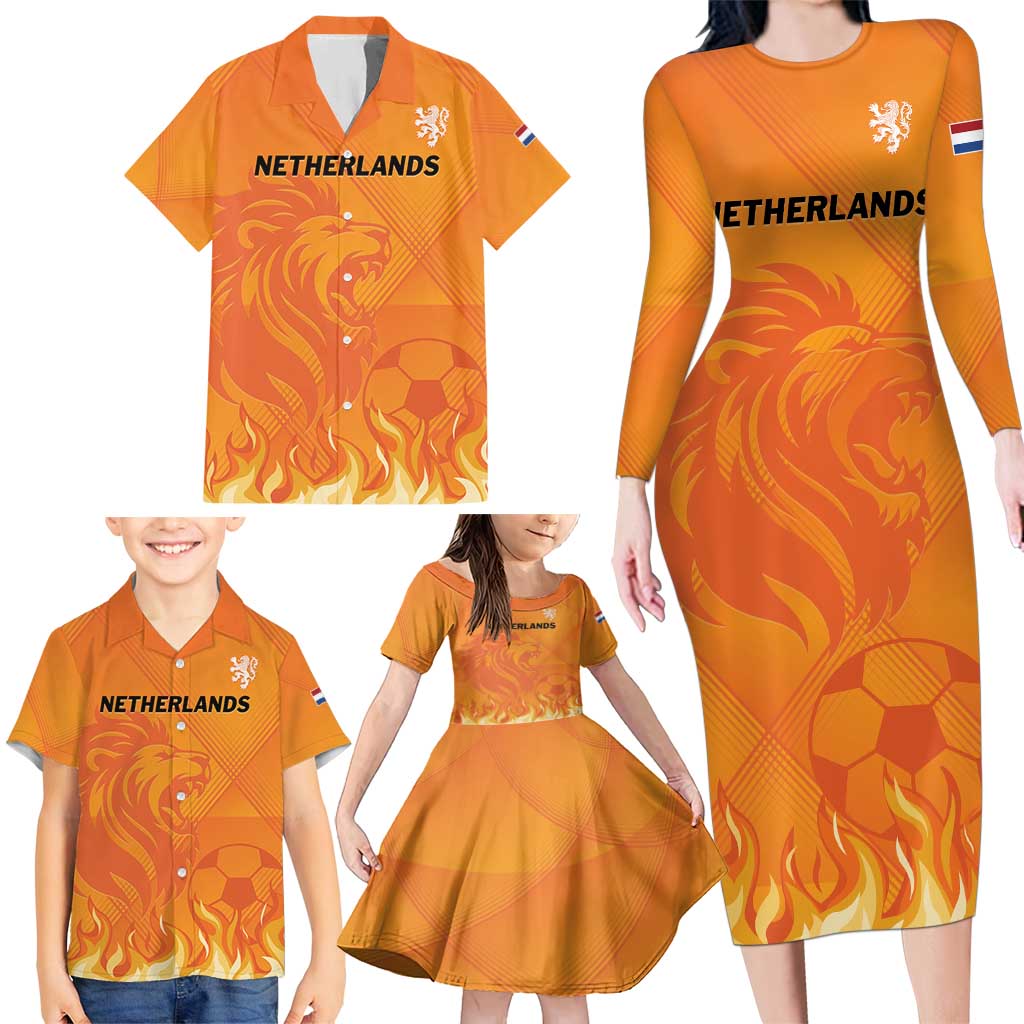 Custom Netherlands 2024 Football Family Matching Long Sleeve Bodycon Dress and Hawaiian Shirt Holland Oranje Lions - Wonder Print Shop