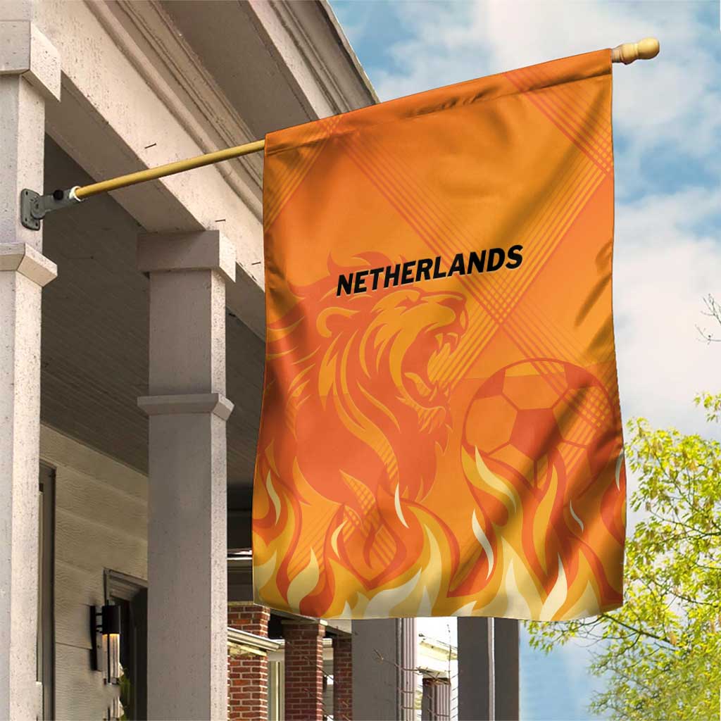 Orange Netherlands garden flag with lion and soccer ball graphics on both sides