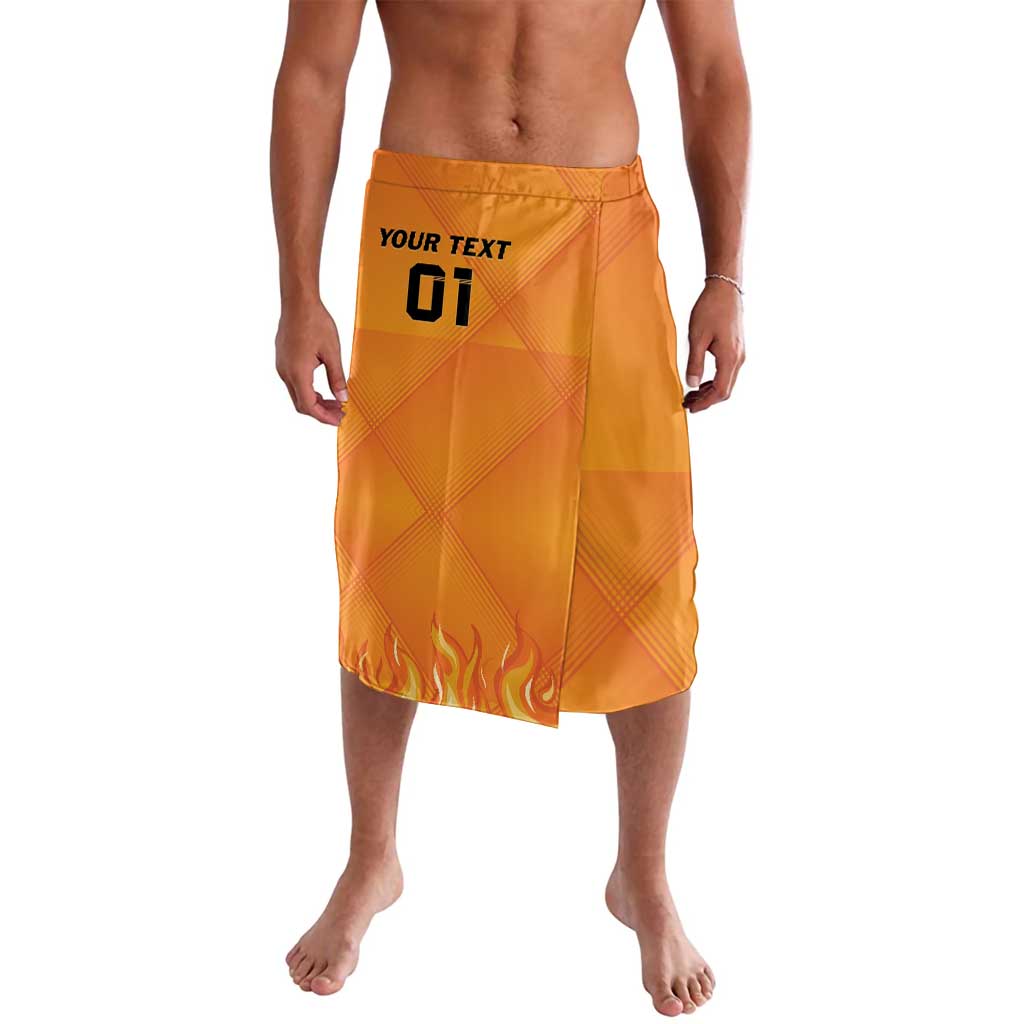 Orange custom football lavalava with elastic waistband, flame graphic and logo print