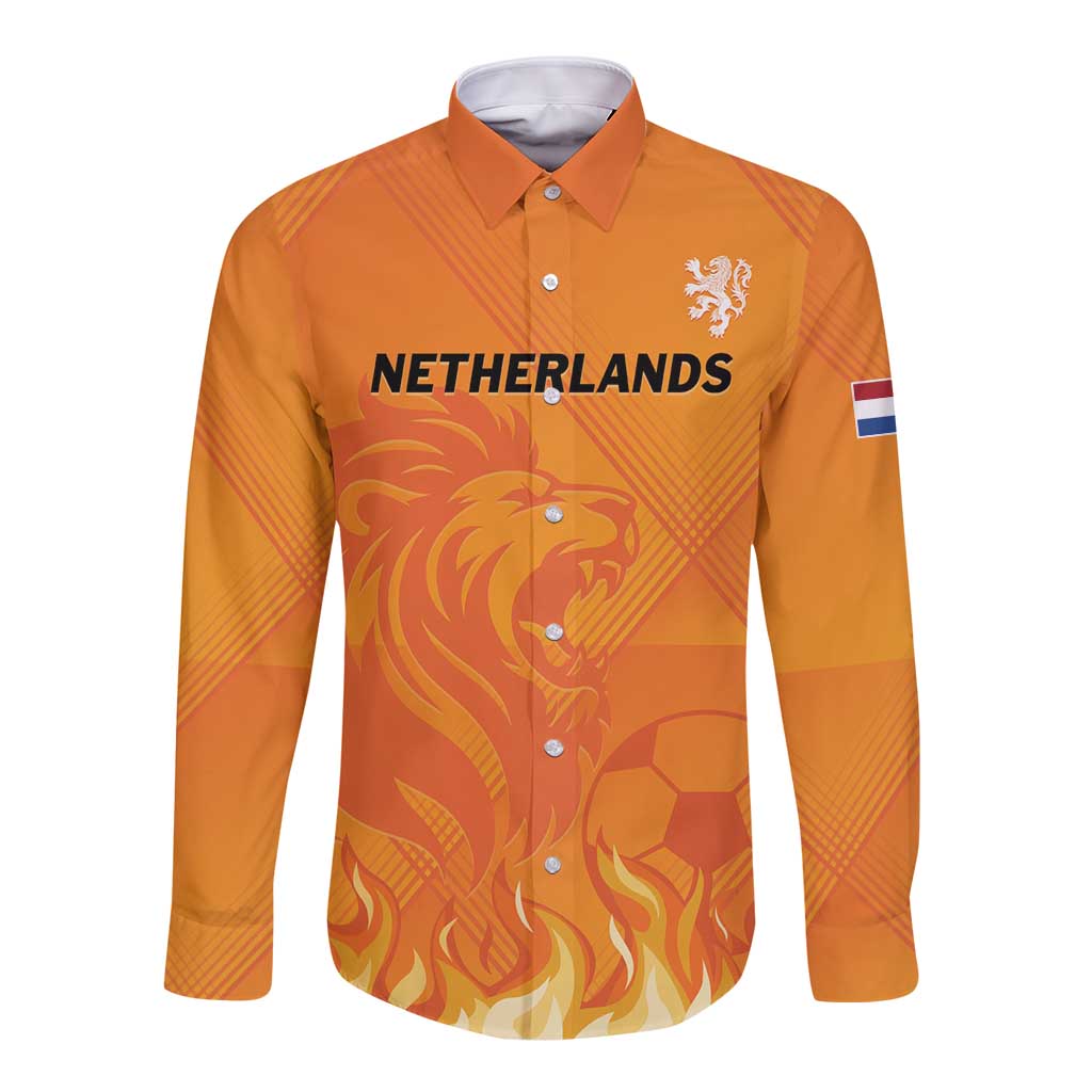Orange Netherlands football long-sleeve button shirt with lion and flame graphic