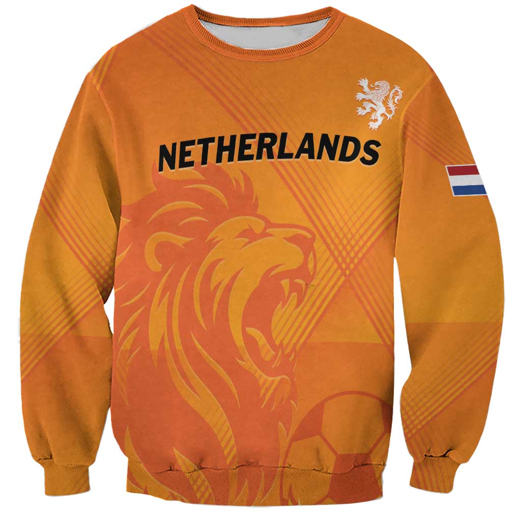 Orange crewneck football sweatshirt with Netherlands logo and lion graphic, long sleeves