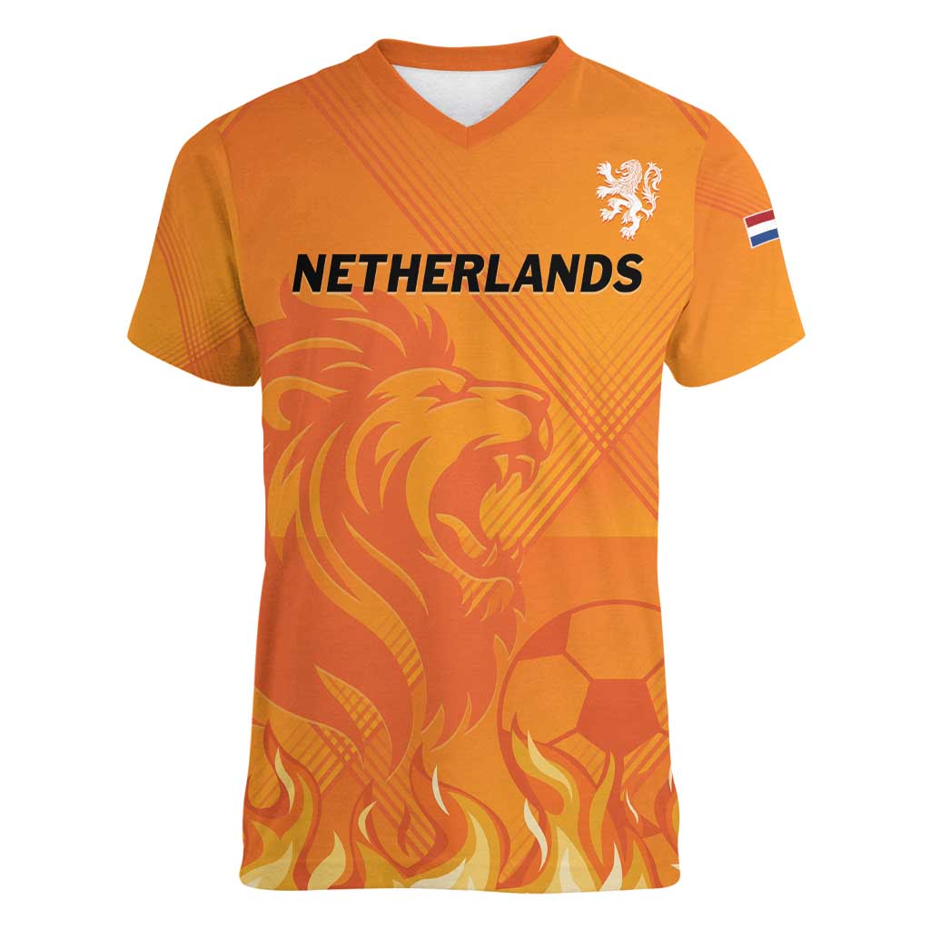 Custom Netherlands 2024 Football Women V-Neck T-Shirt Holland Oranje Lions