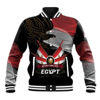 Black baseball jacket with ribbed collar, snap buttons, gold eagle graphic and red accents