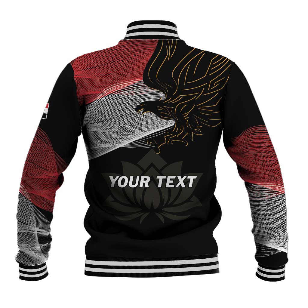 Black back baseball jacket with striped ribbed collar and 'YOUR TEXT' eagle print
