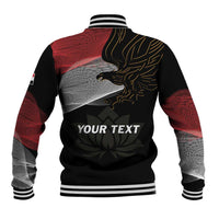 Black back baseball jacket with striped ribbed collar and 'YOUR TEXT' eagle print