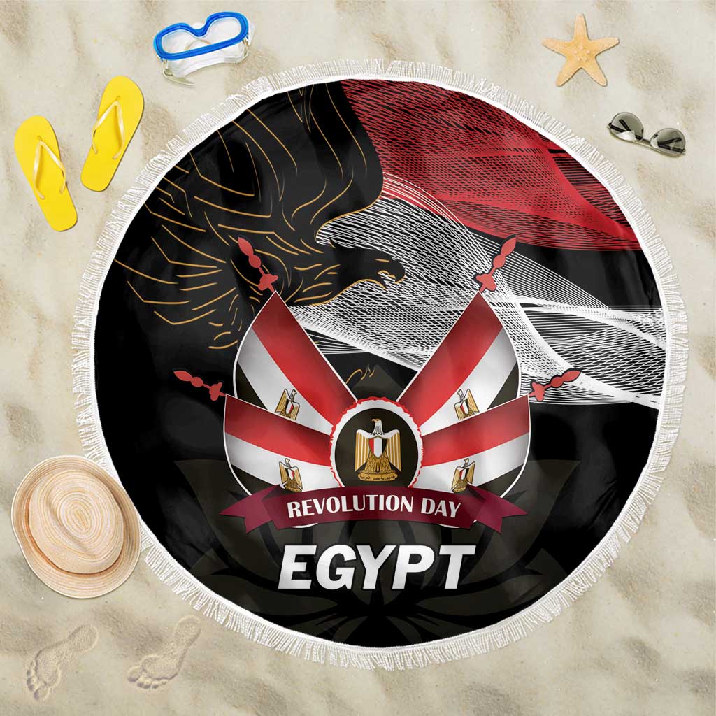 Round beach blanket, black with red/white eagle Egypt graphic and fringe edge