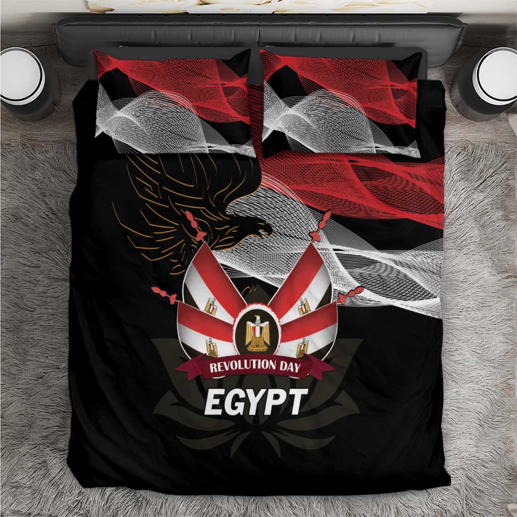 Black bedding set with red and gray eagle crest, Revolution Day ribbon, and 'EGYPT'