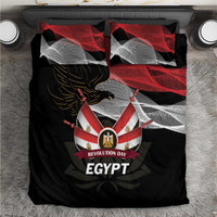 Black bedding set with red and gray eagle crest, Revolution Day ribbon, and 'EGYPT'