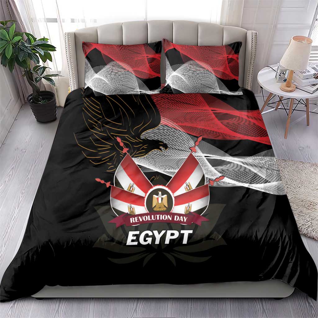 Black duvet and two pillows with red/gray eagle graphic and 'EGYPT' bold text
