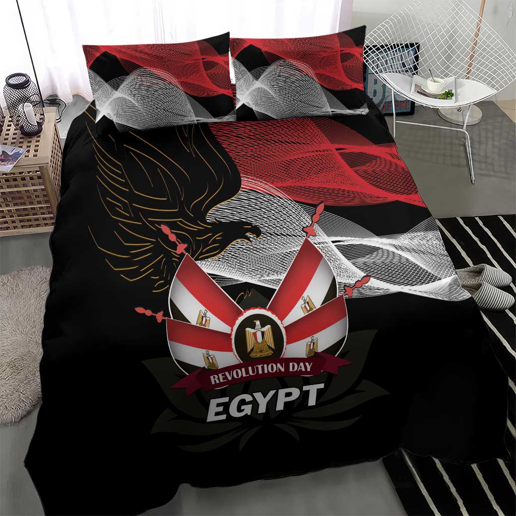 Black duvet with red and gray eagle crest, 'REVOLUTION DAY' ribbon, and 'EGYPT' text