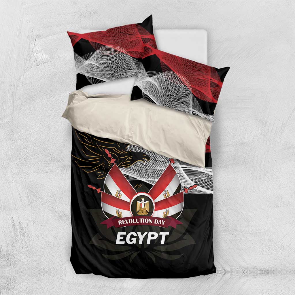 Black duvet set with red gray eagle emblem and 'REVOLUTION DAY' ribbon, 'EGYPT' below