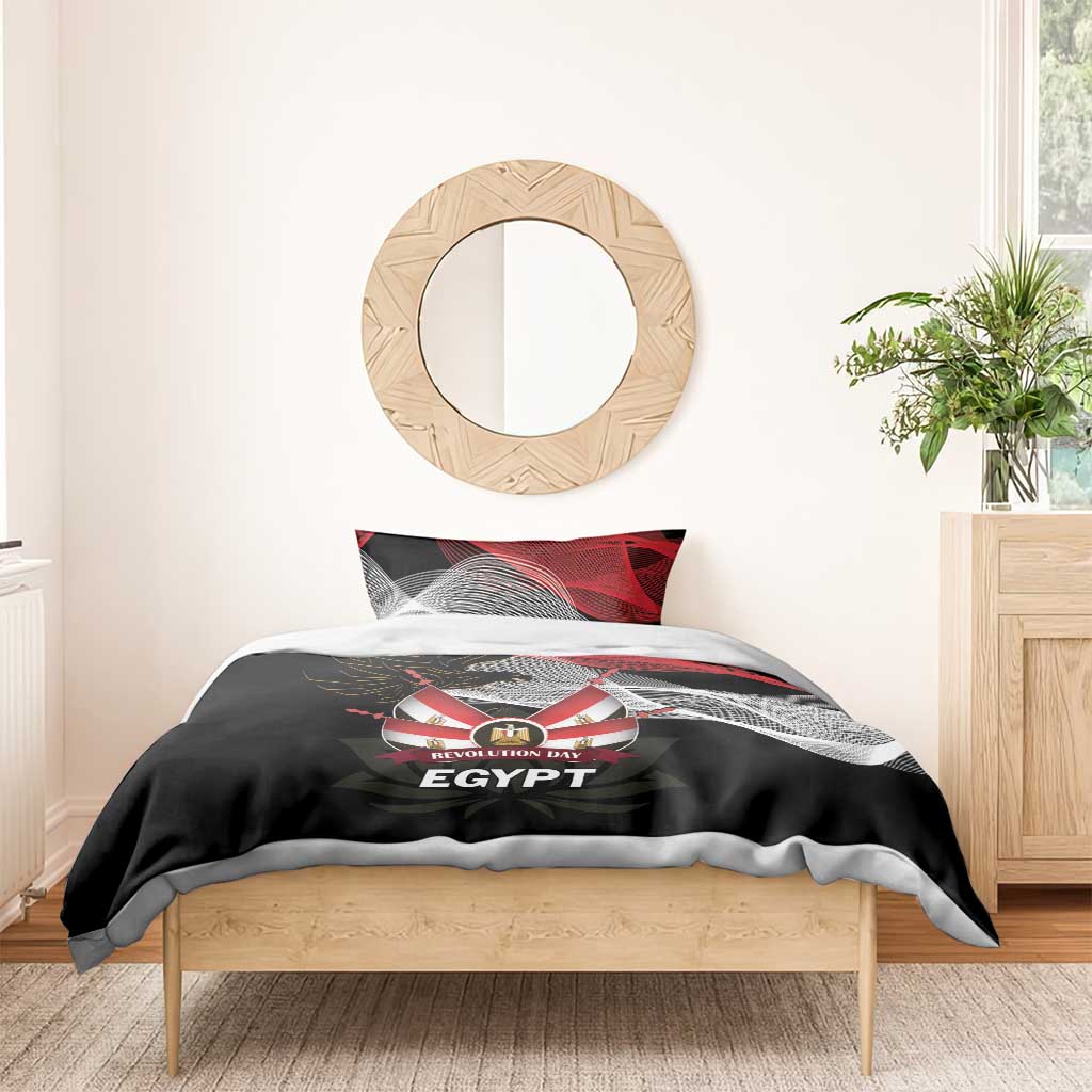 Black comforter set with red gray eagle crest, ribbon banner, and 'EGYPT' lettering