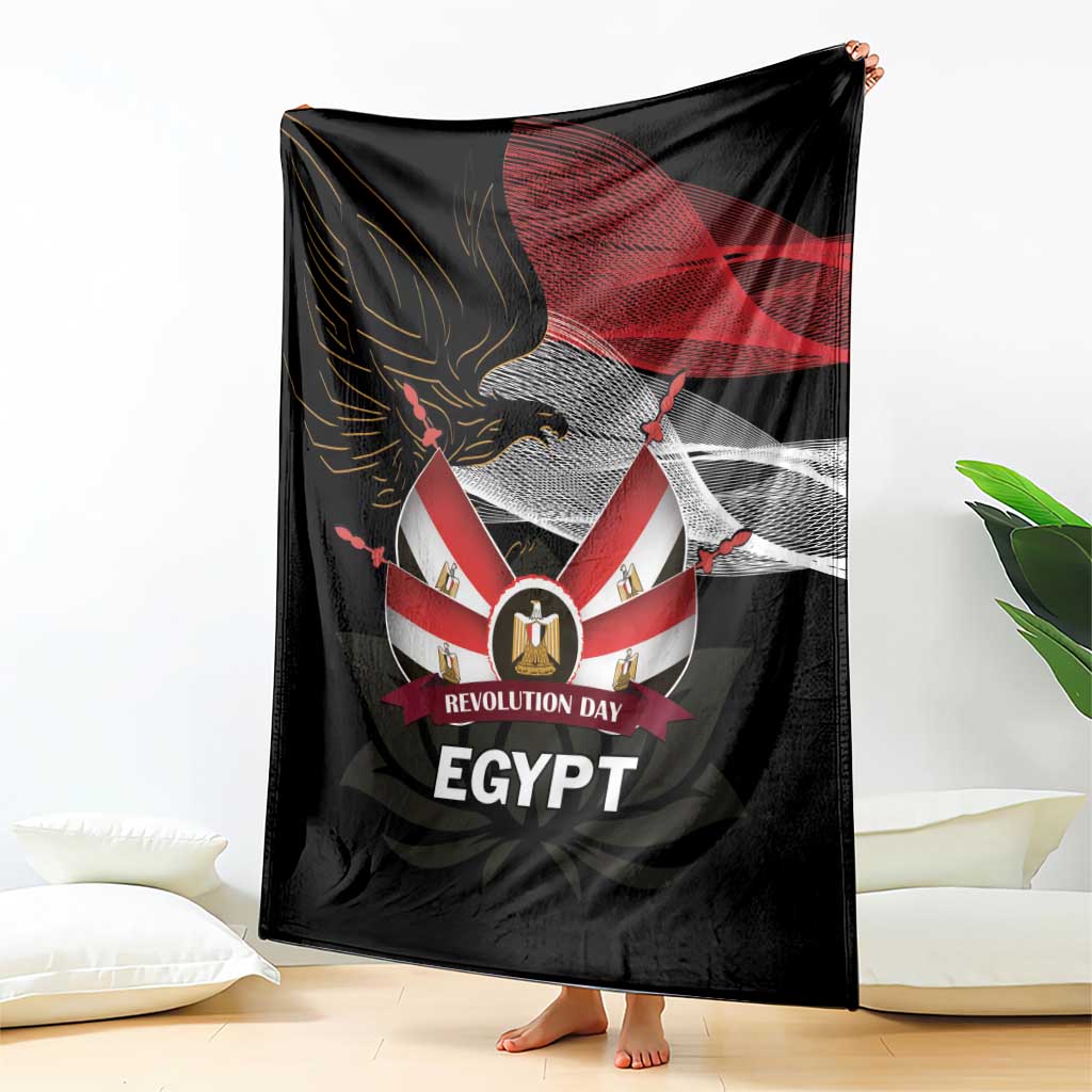 Black eagle blanket draped with red flag and gray wave design plus 'REVOLUTION DAY' text