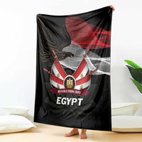 Black eagle blanket draped with red flag and gray wave design plus 'REVOLUTION DAY' text