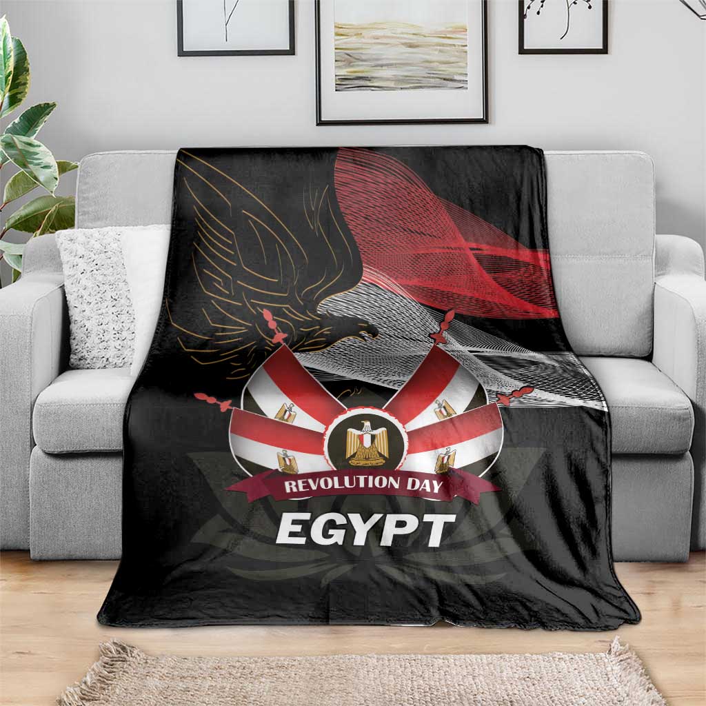 Black eagle and red-flag blanket with 'REVOLUTION DAY' ribbon and large 'EGYPT' lettering