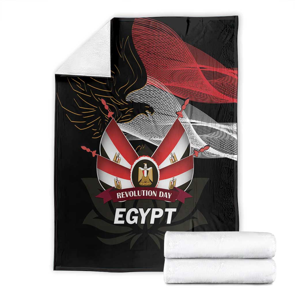 Black eagle blanket laid flat with red flag design and 'REVOLUTION DAY' plus 'EGYPT' text
