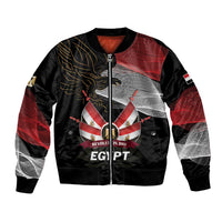 Unisex black bomber jacket with front zipper and eagle graphic, red and white stripes