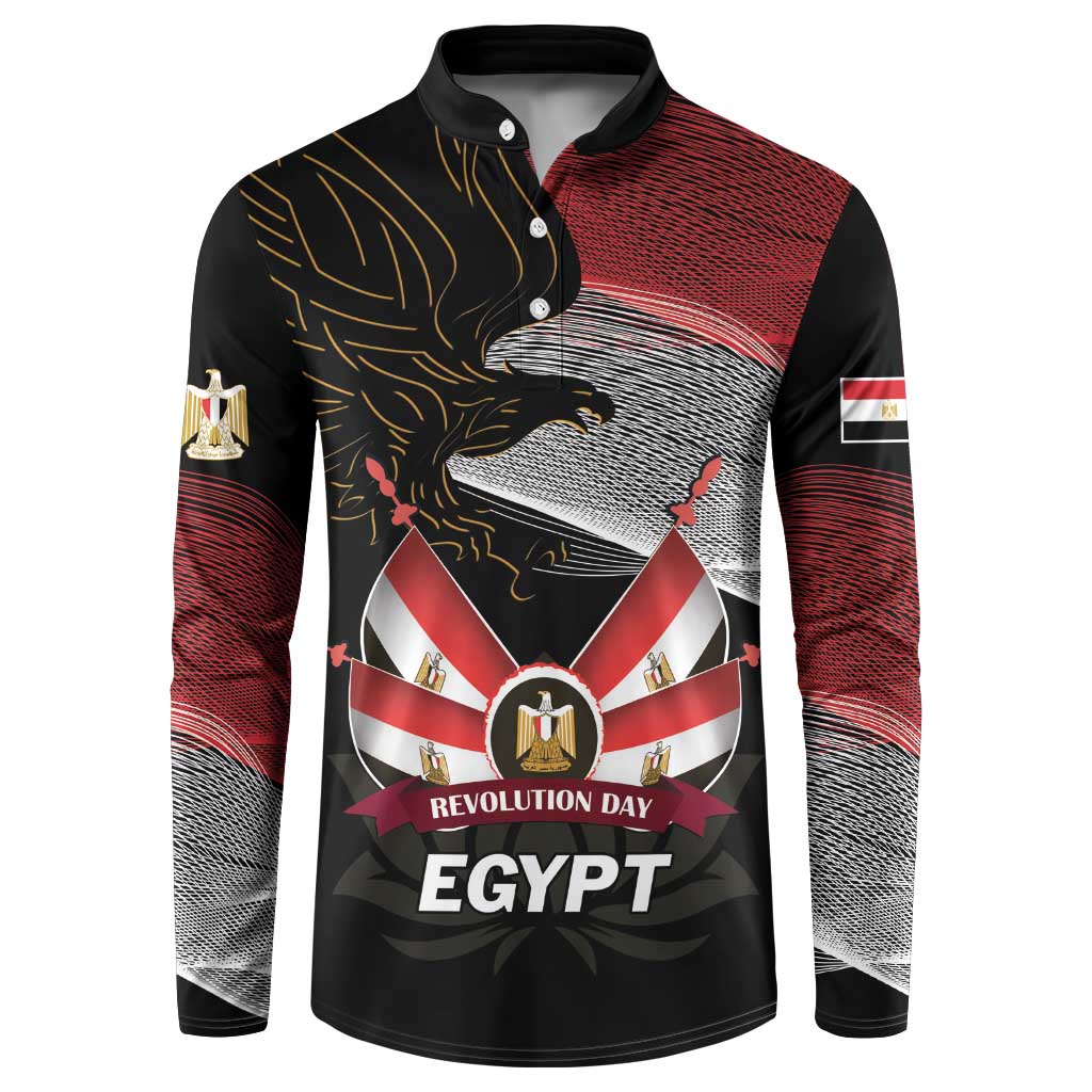 Black henley sweatshirt with eagle crest and 'REVOLUTION DAY EGYPT' on red-and-gray waves