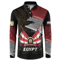 Black henley sweatshirt with eagle crest and 'REVOLUTION DAY EGYPT' on red-and-gray waves