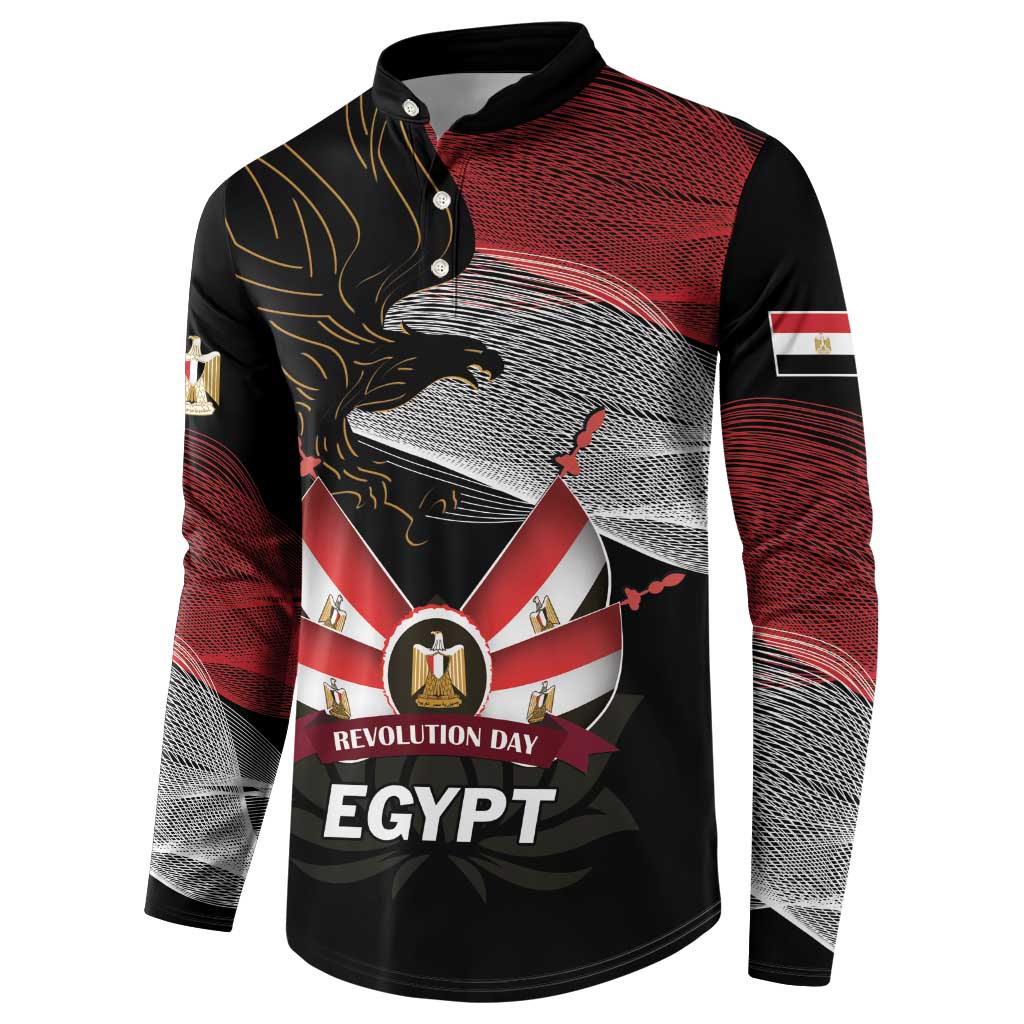 Black henley sweatshirt with gold eagle, lotus, and 'REVOLUTION DAY EGYPT' graphic