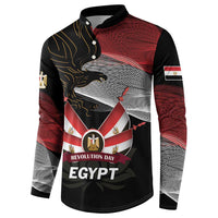 Black henley sweatshirt with gold eagle, lotus, and 'REVOLUTION DAY EGYPT' graphic