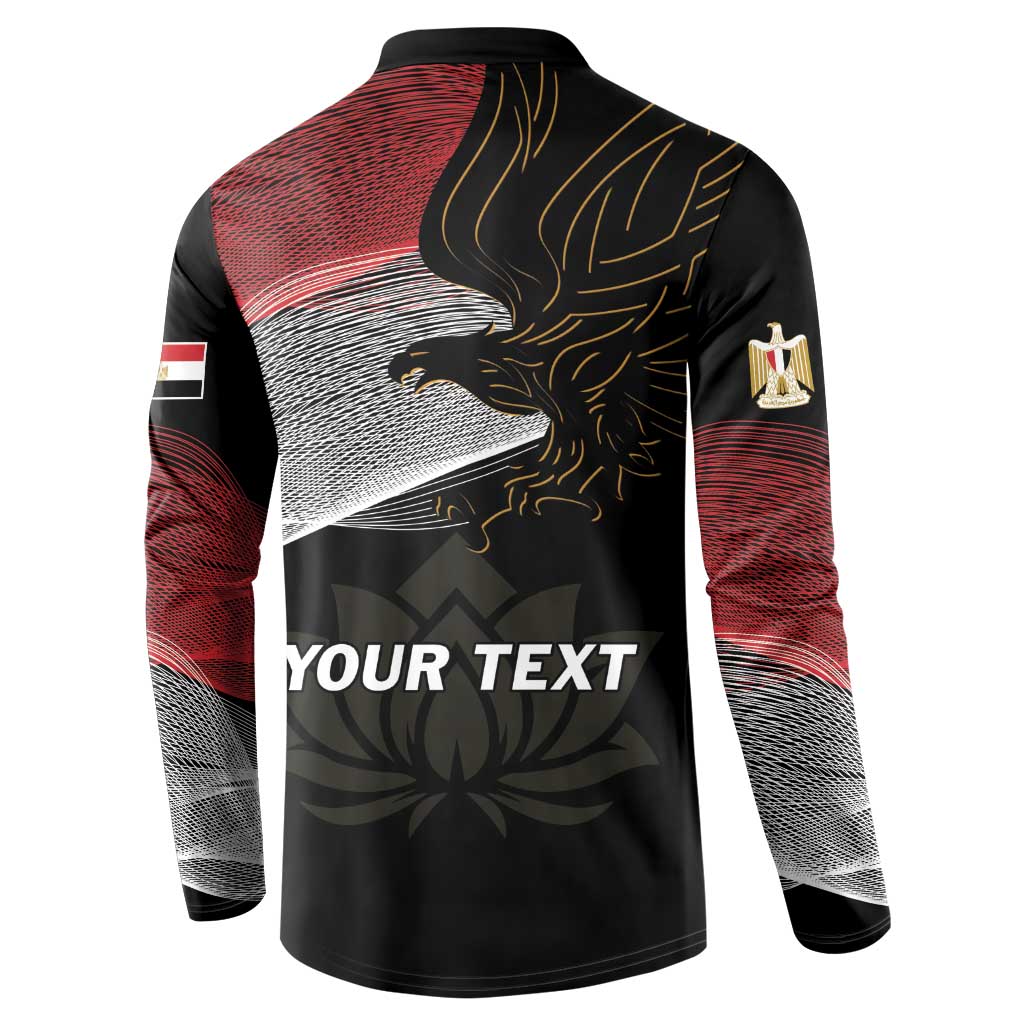 Black henley sweatshirt back with gold eagle, red/gray waves, and 'YOUR TEXT'