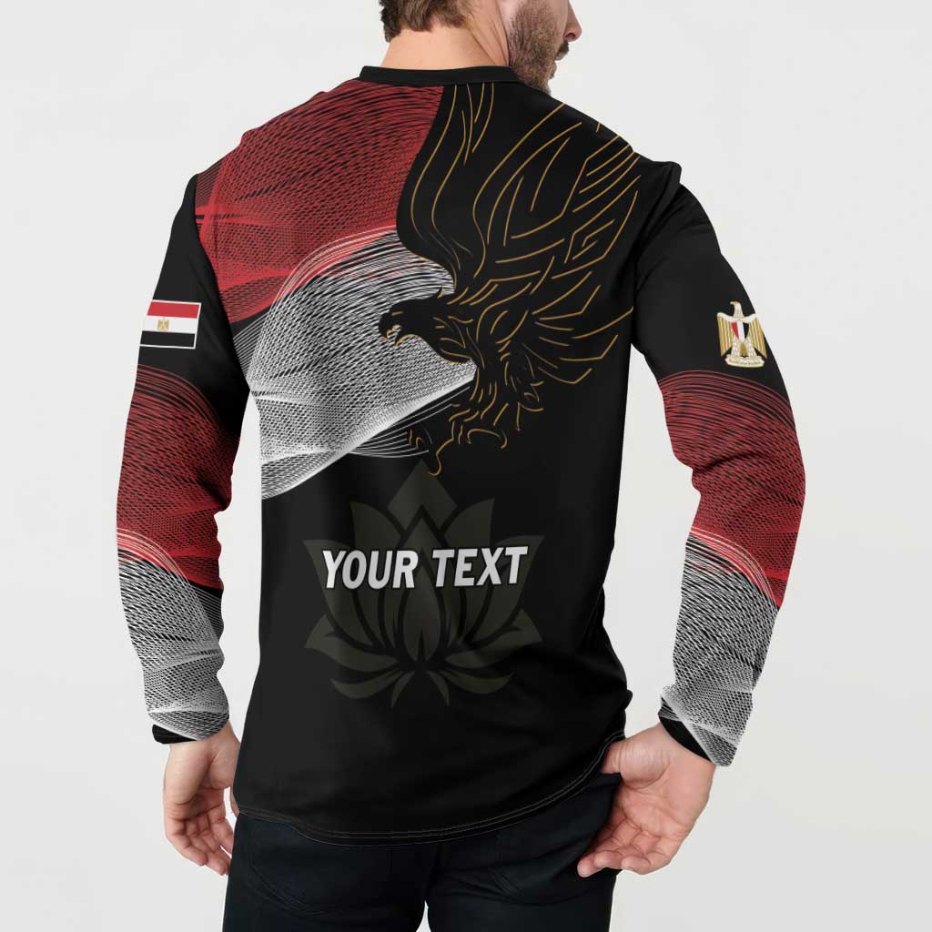 Black henley sweatshirt back with gold eagle, 'YOUR TEXT' center, and red sleeve panel