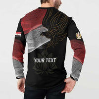 Black henley sweatshirt back with gold eagle, 'YOUR TEXT' center, and red sleeve panel