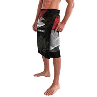 Black lavalava with red eagle and lotus print, 'YOUR TEXT' block