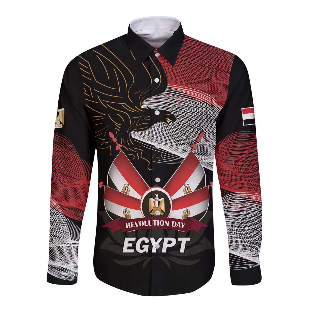 Black long-sleeve button shirt with eagle and red/gray geometric graphics, Revolution Day Egypt